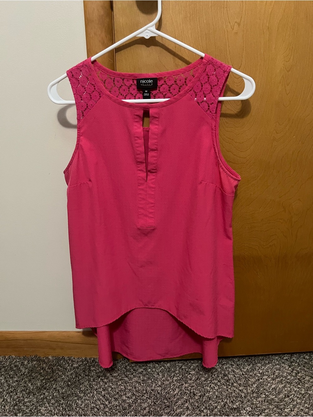 Nicole Miller Sleeveless Lace Yoke top in bright Pink